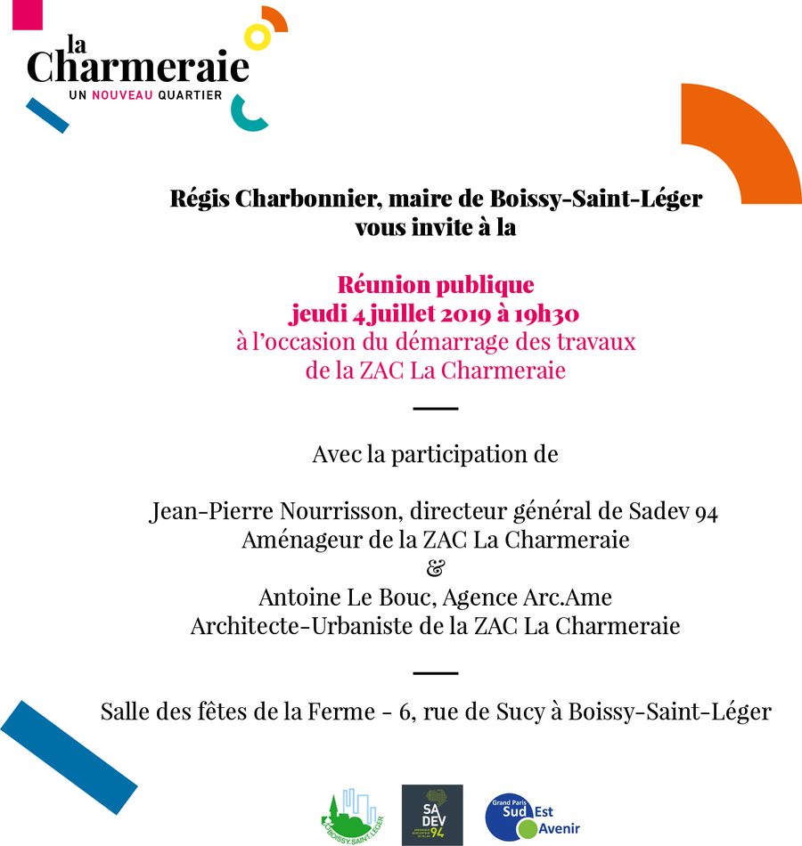 Régis Charbonnier, maire de Boissy-Saint-Léger, vous invite à la réunion publique Le 4 juillet à 19h30 à la Salle des fêtes de La Ferme - 6 rue de Sucy à Boissy-Saint-Léger