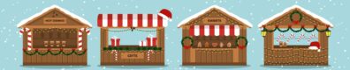 Christmas Market Stalls. Outdoor festival stand. Kiosks. Souvenir kiosk. Winter. Vector